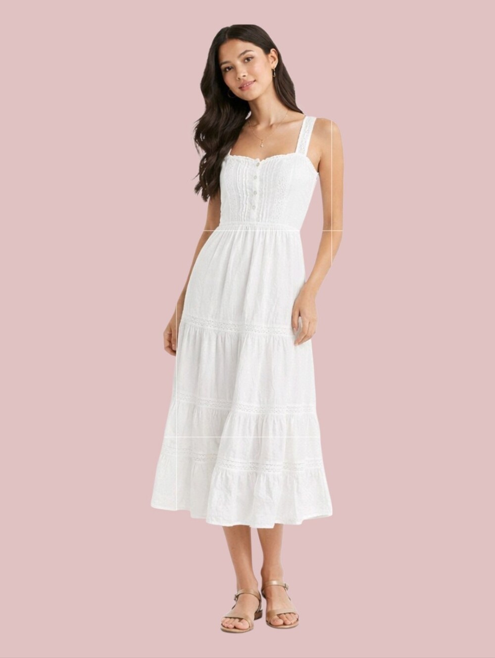 aerie Lace-Trimmed Tiered Midi Dress White XS